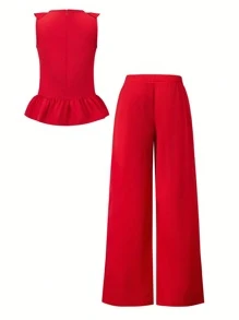 Teen Girls' Solid Color Round Neck Ruffle Trim T-Shirt And Pants 2 Pieces Casual Set - Red - View 2