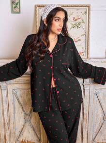 CottageSlumber Plus Size Comfortable Casual Allover Cherry Print Top And Pants Pajama Set, Outfits  Cozy And Elegant Details, Fall Clothes