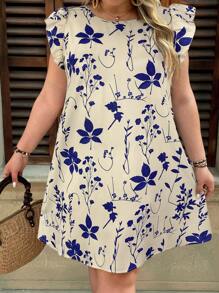 SHEIN VCAY Váy tay lửng họa tiết cây cảnh thường ngày cỡ lớn - Màu xanh hải quân - Xem 1