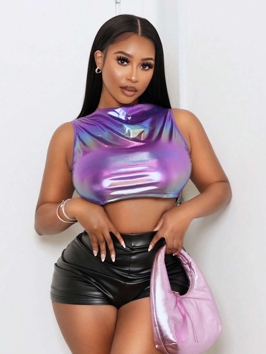 BamGleam Fashionable Laser Cut Cropped Tank Top Suitable For Clubs And Parties, Summer - Green - View 1