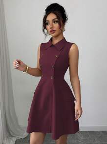 Elenzga 女士优雅法式无袖衬衫领连衣裙，双排扣，腰部收紧 A 字形，假口袋，适合通勤、休闲、度假、纯色、春夏季 - 紫紅色 - 查看 7