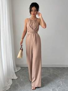 Elenzga Mono largo informal de mujer para primavera/verano de tela arrugada caqui con escote halter, cuentas en la cintura, diseño con botones y cordón