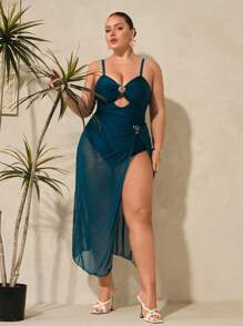 Swim Oasis Plus Size Solid Color Hollow Spaghetti Strap One-Piece Swimsuit With Skirt - Teal Blue - View 1