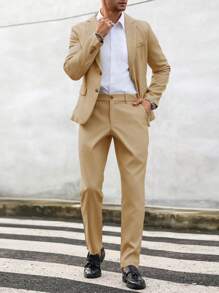 Manfinity Mode Men's Solid Color Long Sleeve Jacket And Pants Suit Set - Mustard Yellow - View 3