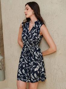 SHEIN Unity Women's Casual Resort Style Retro Elegant Design Cinched Waist Cinched Waist Midi Dress, For Daily & Vacation Wear - Navy Blue - View 2