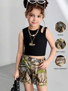 Young Girl Branch Print Flip-Pocket Casual Denim Shorts, Summer - Multicolor - View 1