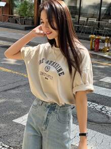 DAZY 字母图案落肩 T 恤 夏季 - 卡其色 - 查看 6