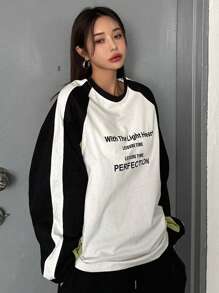 Dazy Star 女式标语印花拼色T恤，秋季服装