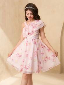 SHEIN Teen Girl Floral Print Ruffle Hem Mesh Elegant Dress/Party Gown - Pink - View 6