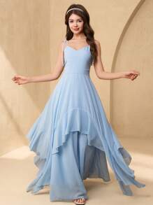SHEIN Long Chiffon V-Neck Asymmetrical Hem Bridesmaid Dress, Suitable For Flower Girl, Teenager, Wedding, Party, Birthday