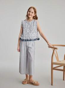 Ontre Spring & Summer Tween Girls Navy Striped Ruffle Trim Sleeveless Pullover Top And Wide Leg 3/4 Length Pants Casual Matching Two Pieces Outfit, Simple And Versatile For Outgoing, Home, Vacation - White - View 6