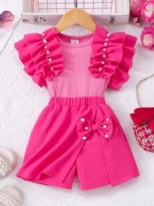 2pcs/Set Young Girl Ribbed Sleeveless Pearl Ruffle Top And Solid Bowknot Skort, Casual Summer Outfit,For Holiday,Travel,Summer - Hot Pink - View 1