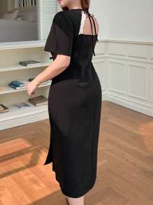 Dazy Plus Backless Sexy High Slit Black Dress - Black - View 4