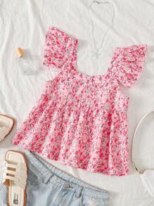 Tween Girl Ditsy Floral Top With Cute Flutter Sleeves, Suitable For Vacation, Mommy And Me Matching (2 Pieces Sold Separately) - Red - View 2