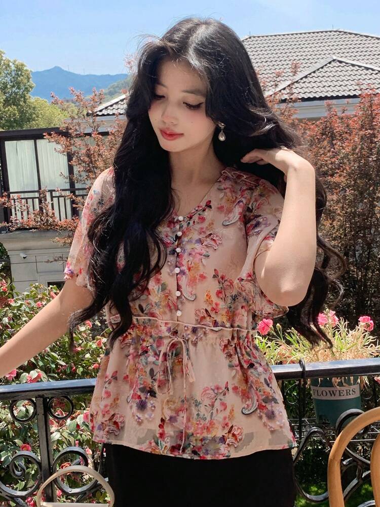 Fully Floral V-Neck Blouson Sleeve Drawstring Women Shirt Boho