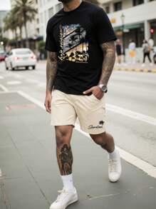 Manfinity Homme Plus Size Men's Palm Tree & Sunset Graphic T-Shirt Set, Vacation Style - Multicolor - View 3