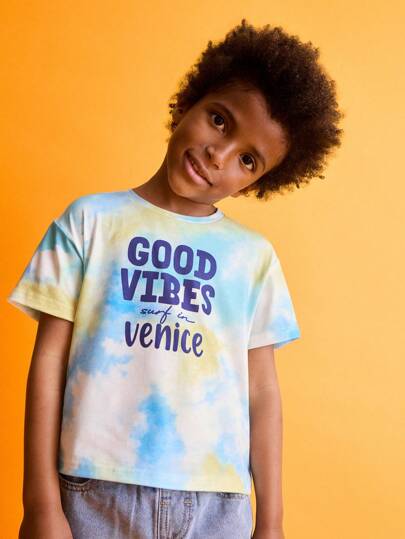 SHEIN Young Boy Tie-Dye Print Round Neck Short Sleeve T-Shirts, Suitable For Summer