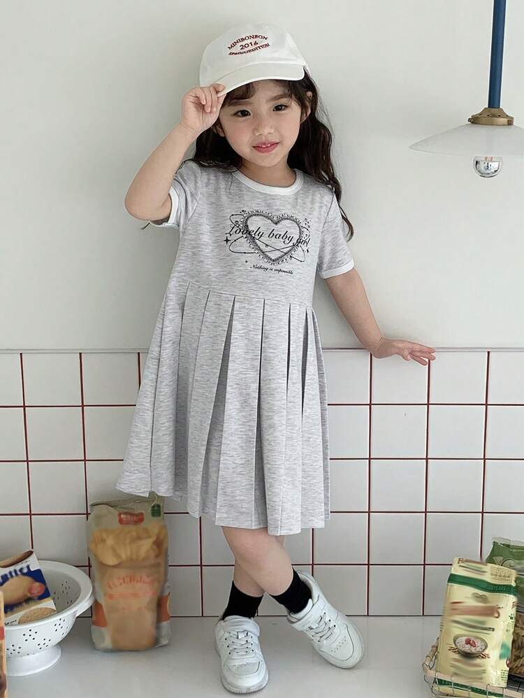 Girls' Graphic Print Crew Neck Short Sleeve Knitted Dress, Summer Young Girl Clothes