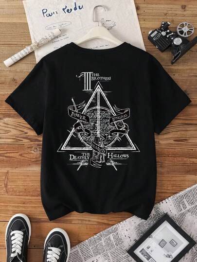 HARRY POTTER X SHEIN Plus Size  Casual Geometric And Slogan Print Drop Shoulder Loose Long Sleeve Black T-Shirt Summer