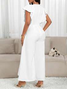 SHEIN Lady Women's Elegant White Woven Fabric Jumpsuit With Notched Neckline, Short Flutter Sleeves, And Long Length - White - View 2