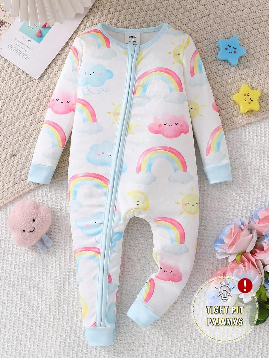 女孩粉色可爱时尚靴子印花长袖连体衣，前拉链开合，贴身居家装 - 淺藍色 - 查看 1