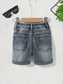SHEIN Young Boys'Summer Stonewashed Distressed Blue Stretch Denim Shorts,Summer Clothes For Kids
