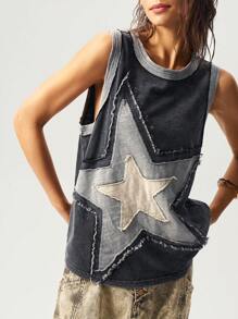 Bohemela 波西米亚复古美式针织拼接五角星刺绣图案宽松水洗棉女式上衣，无袖