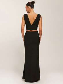Silquee Spring&Summer Women's Solid Black V-Neck 2 Pieces Set, Vacation 2 Pieces Set, High Stretch Fitted 2 Pieces Set, Super Long Skirt 2 Pieces Set, Date Night Skirt 2 Pieces Set, Elegant Maxi Dress 2 Pieces Set, Sexy V-Neck Top,Business Casual Set,Graduation Outfit,Prom Outfits For Woman - Black - View 2