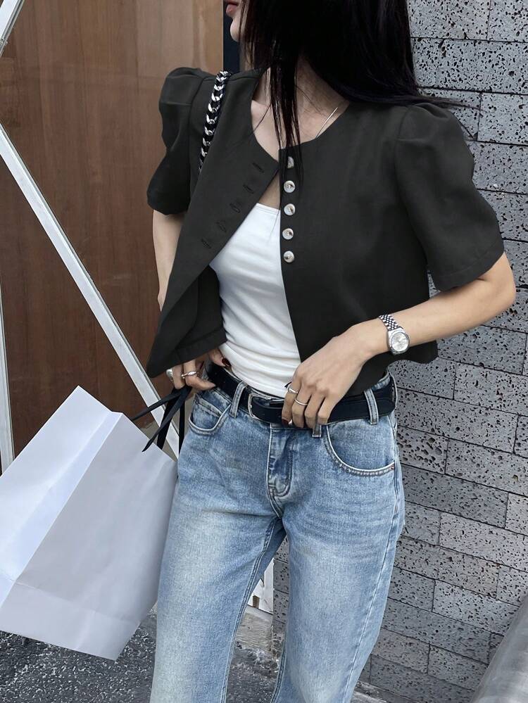 Women Plain Puff Sleeve Short Sleeve Shirt, Blue, Spring/Summer