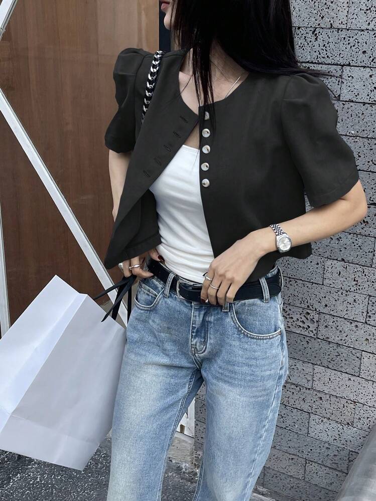 DAZY Áo sơ mi tay ngắn bồng trơn cho nữ, màu xanh, xuân/hè - màu đen - Xem 6