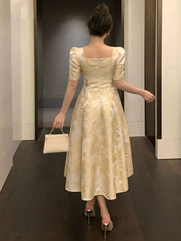 Floral Print Square Neck Puff Sleeve Midi Dress For Women Prom Dress Elegant Women Dresses