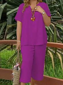 大码度假休闲纯色 V 领上衣和裤子 2 件套 - 紫羅蘭色 - 查看 3