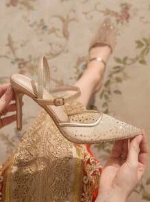 CUCCOO TILAWA Damen glänzende Kristall Mesh Spitze Zehenstiletto High Heel Sandalen, elegante glamouröse goldene Mesh Brautjungfernschuhe für Hochzeiten, Proms, Abendveranstaltungen