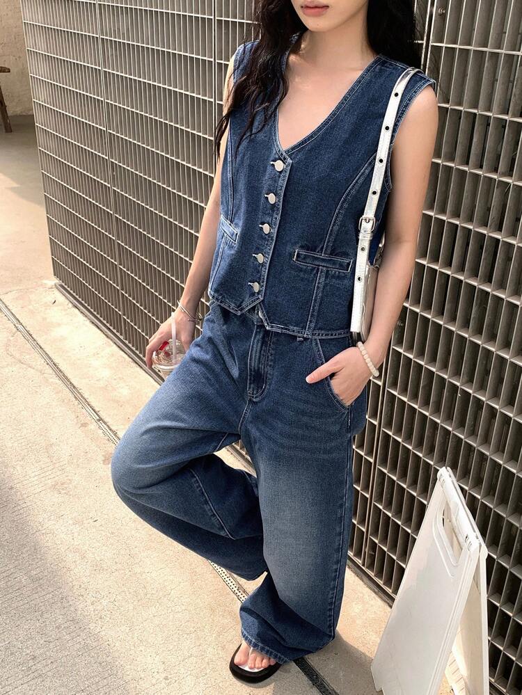 Women's Loose Denim Vest And Jeans Outfit, Jeans Girl Apparel Set