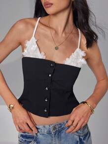 Roylia 3D Floral, Colorblock Splice 3D Embroidered Collar, Contrast Color, Fitted, 2 In 1 Style, Cardigan, Spaghetti Strap, Splice Collar, Metal Button, Holiday, Party, Vacation, Elegant, Luxurious, Sexy, Romantic, Commute, Casual, Y2K, Sexy Girl, Women's Regular Camisole, Spring/Summer - Black and White - View 4