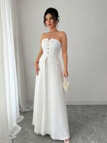 Elenzga Regular Size Women Metallic Decor Mock Pocket Pleated Design Midi Dress, Simple & Elegant