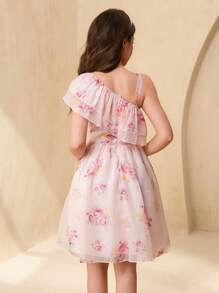 SHEIN Teen Girl Floral Print Ruffle Hem Mesh Elegant Dress/Party Gown - Pink - View 2