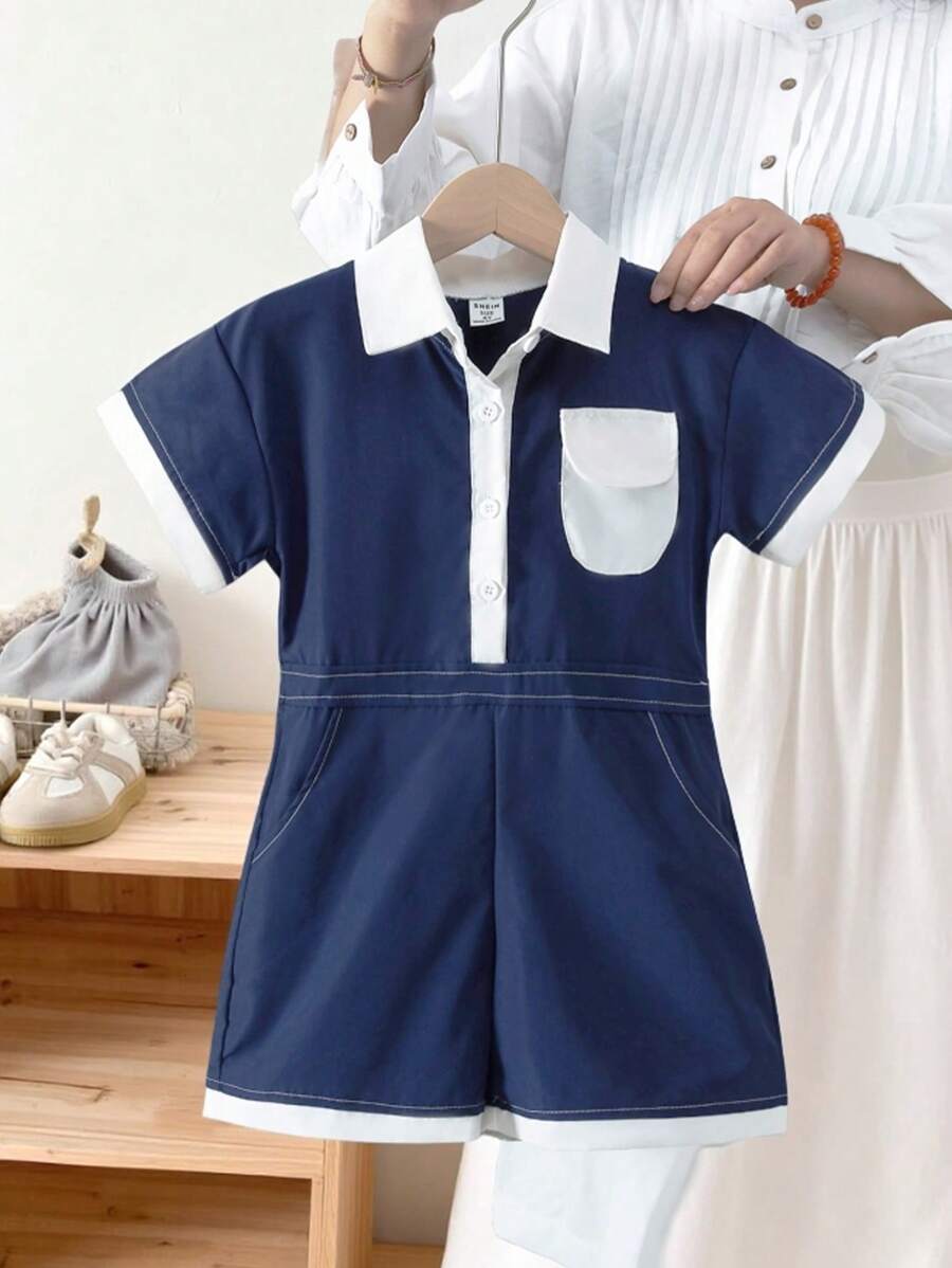SHEIN 小男孩夏季时尚酷炫连体裤套装,Polo 领衬衫拼接宽松短裤,简约时尚 - 寶藍色 - 查看 1