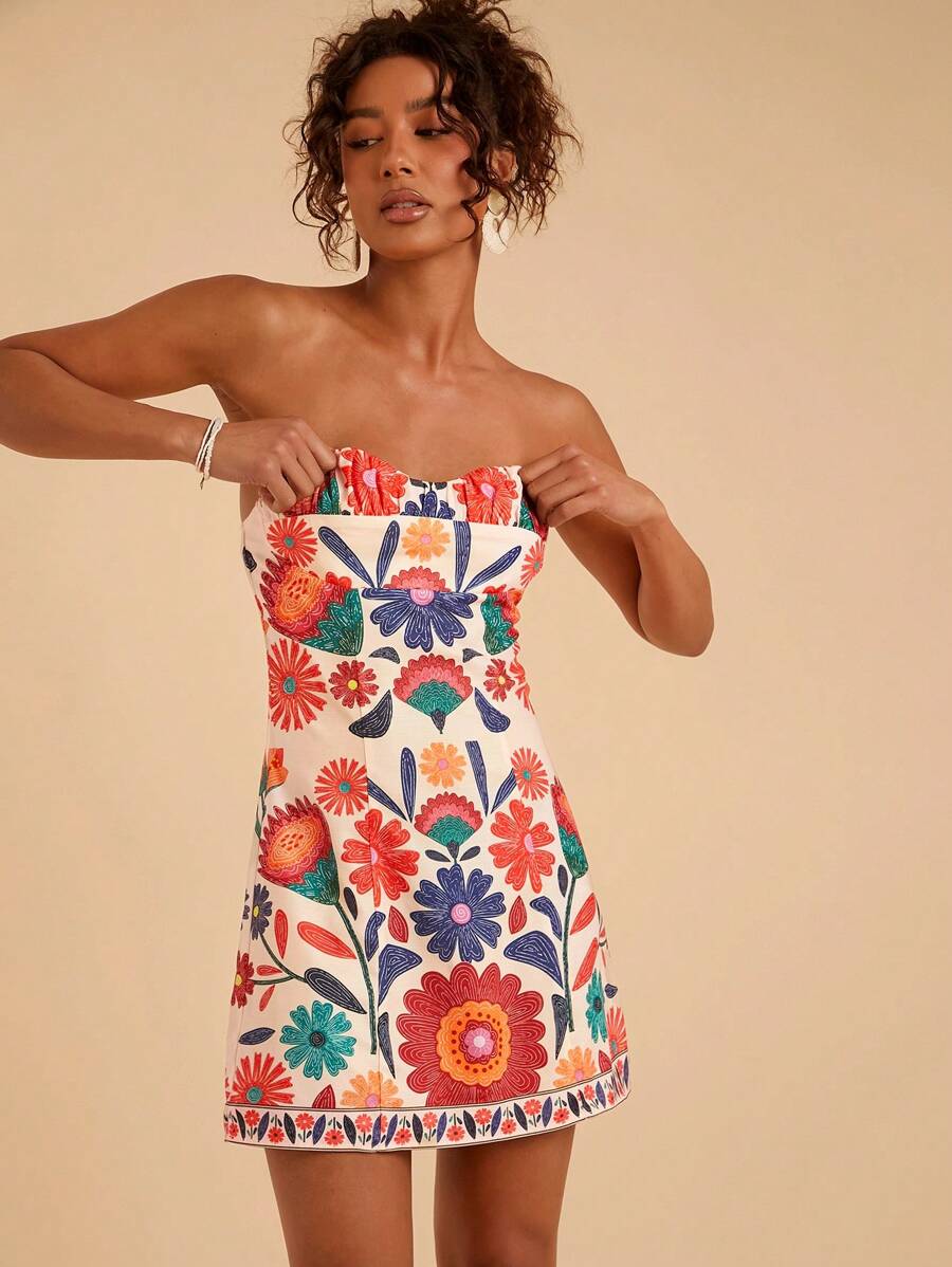 Travachic Women's Boho Strapless Mini Dress With Vibrant Floral Print And Zipper Detail - Multicolor - View 1