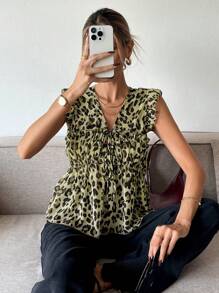 SHEIN Frenchy 女式夏季休闲豹纹盖袖衬衫 - 薄荷綠 - 查看 5