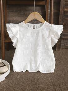SHEIN LMoss Kids Young Girl Woven Solid Round Neck Ruffle Trim Fitted Casual Blouse