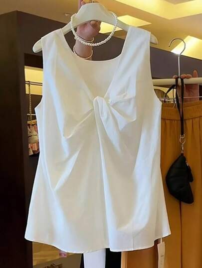 Franclia 1pc Sleeveless Twisted V-Neck Solid Color Fashion Top, Suitable For Summer