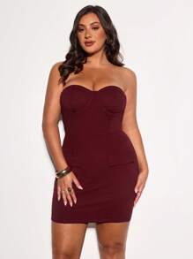 SHEIN BAE Vestito mini da donna taglia comoda color borgogna senza spalline, adatto per festival musicali estivi