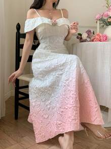 Modelyn Vestido largo midi sin mangas con hombros descubiertos y efecto ombre, moda para el verano - Rosa - Ver 3