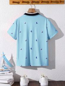 SHEIN 青少年男孩休闲全印花短袖 Polo 衫 - 淺藍色 - 查看 6