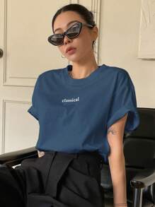 DAZY Letter Graphic Crew Neck Tee Summer - Blue - View 6