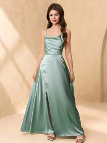 SHEIN Đầm dự tiệc dài vừa phải, cổ xếp nếp, cổ cao cấp, thắt eo, trang trí hoa cho bé gái tuổi teen, thích hợp cho các buổi biểu diễn, đám cưới, tiệc sinh nhật - màu xanh lá - Xem 3