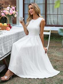 EMERY ROSE Vestido elegante de mujer de unicolor, cuello redondo, sin mangas, con plisado