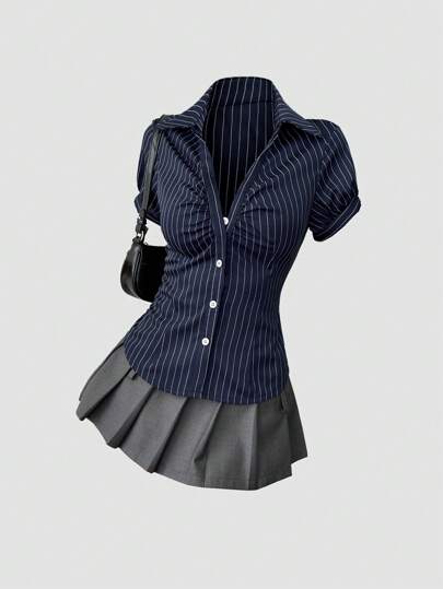 Sweetra 复古美式黑白条纹短袖小众露脐修身优雅百搭修身衬衫女