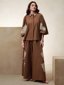 Anewsta Melanie 优雅节日度假刺绣泡泡袖上衣和阔腿裤两件套服装 - 咖啡棕 - 查看 6